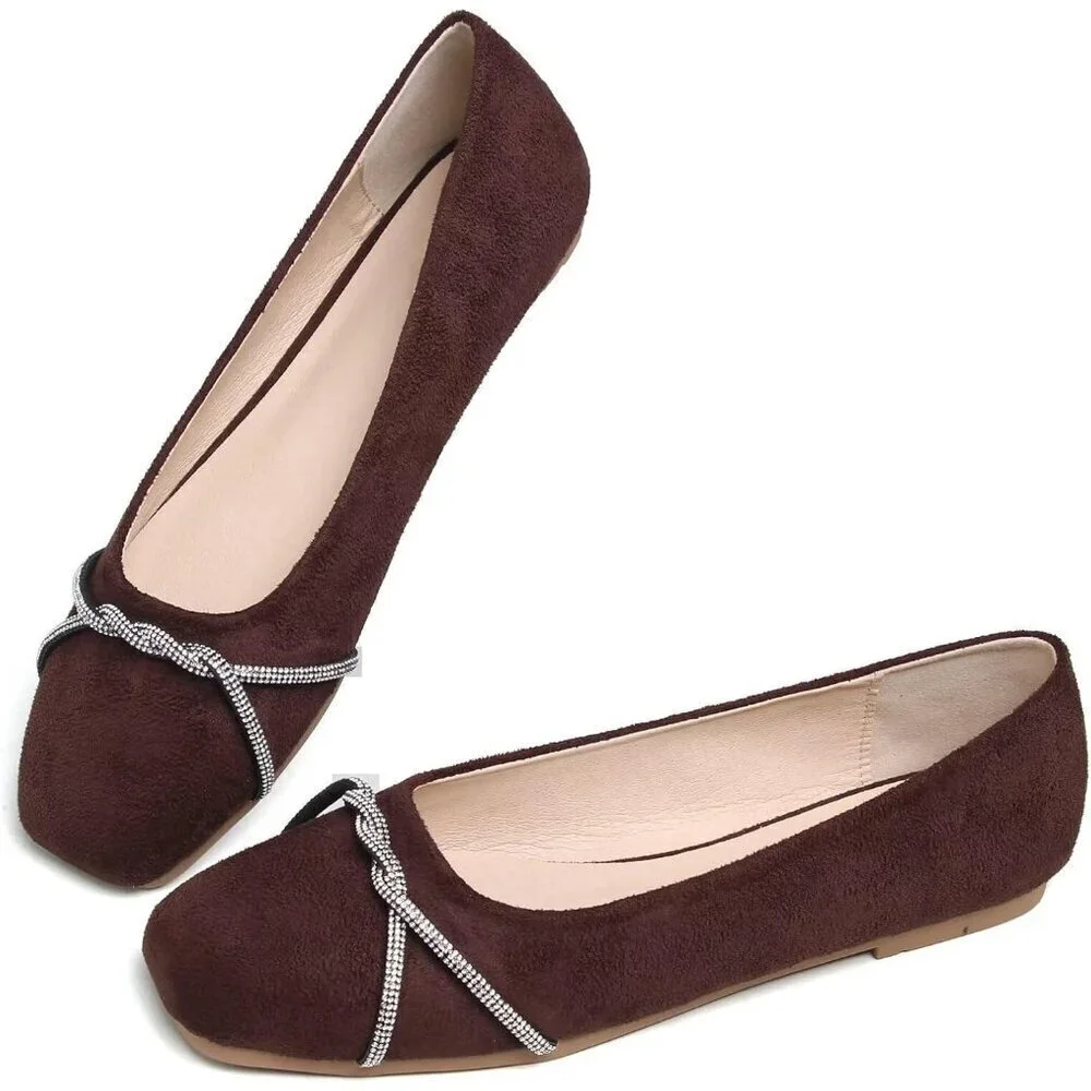 Women's Brown Suede Casual Fashion Chain Pointed Toe Ballet Flat Rhinestone